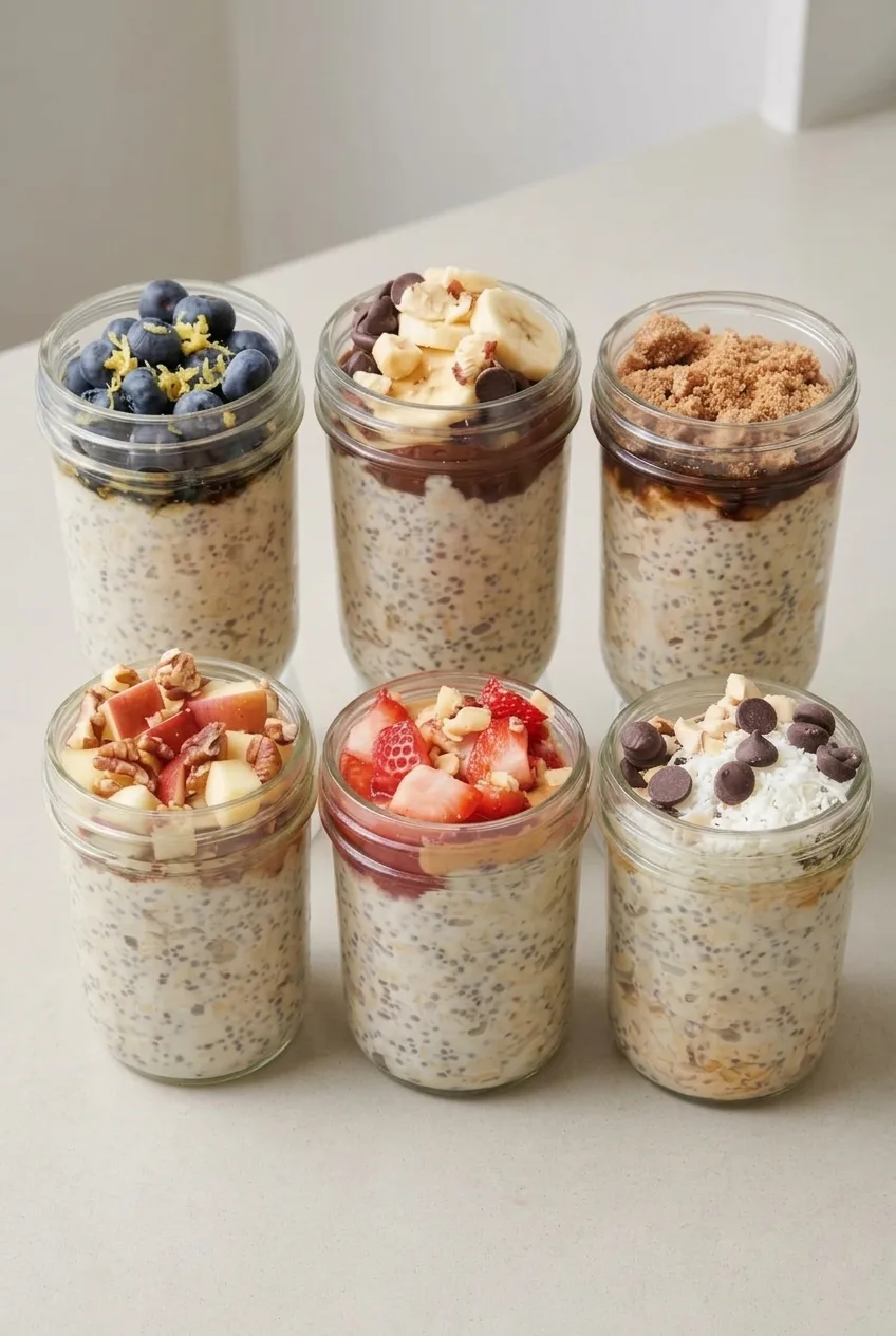 Six differently topped overnight oat jars together on a pale countertop