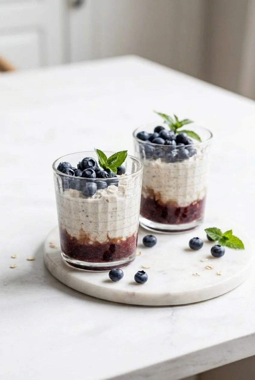 Two complete glasses of layered blueberry overnight oats on a bright tabletop