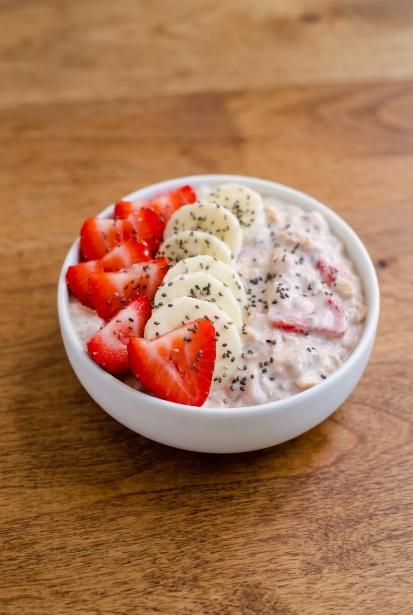 Complete bowl of strawberry overnight oats with banana and chia on a warm wooden table