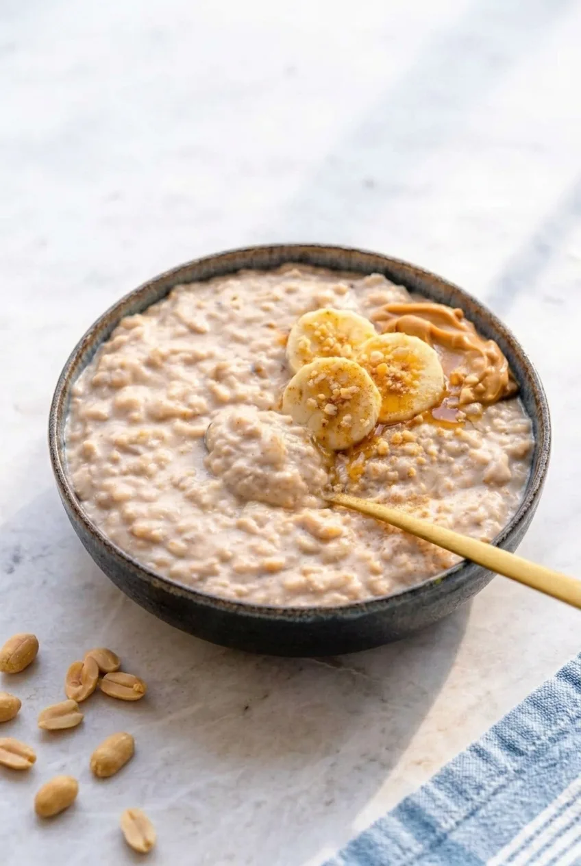 Complete bowl of peanut butter banana overnight oats on a light surface, with fresh toppings visible