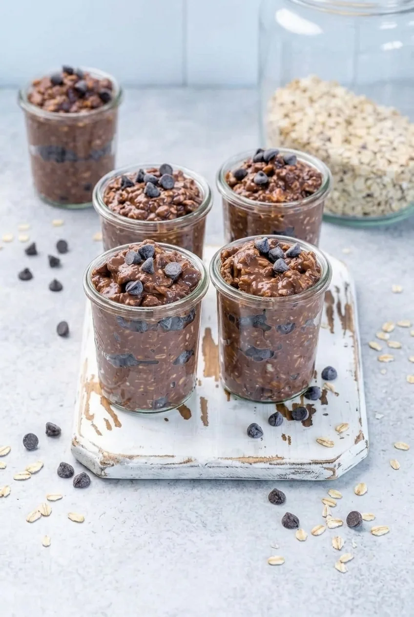 Four finished chocolate overnight oat jars grouped on a light table with blueberry layers visible
