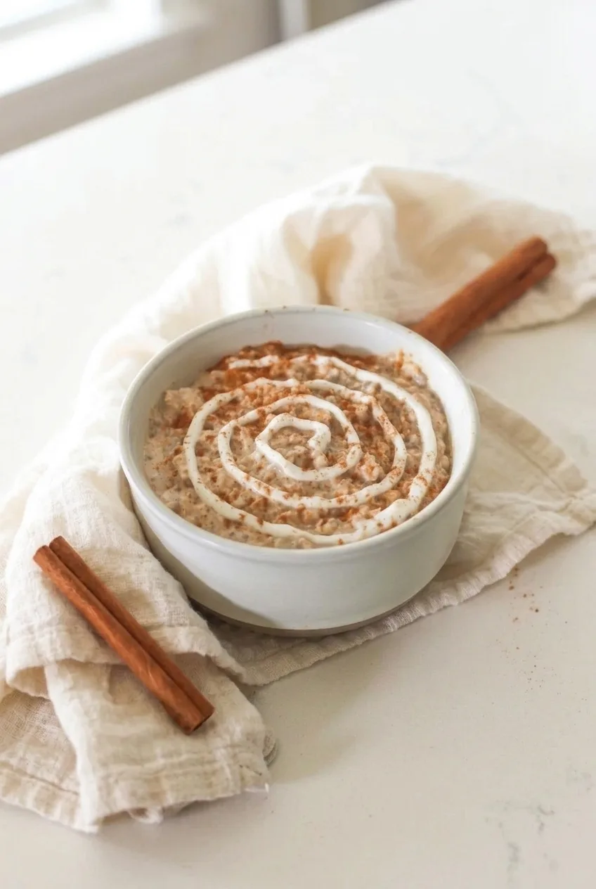 Complete bowl of cinnamon roll overnight oats on a cream cloth with cinnamon sticks nearby