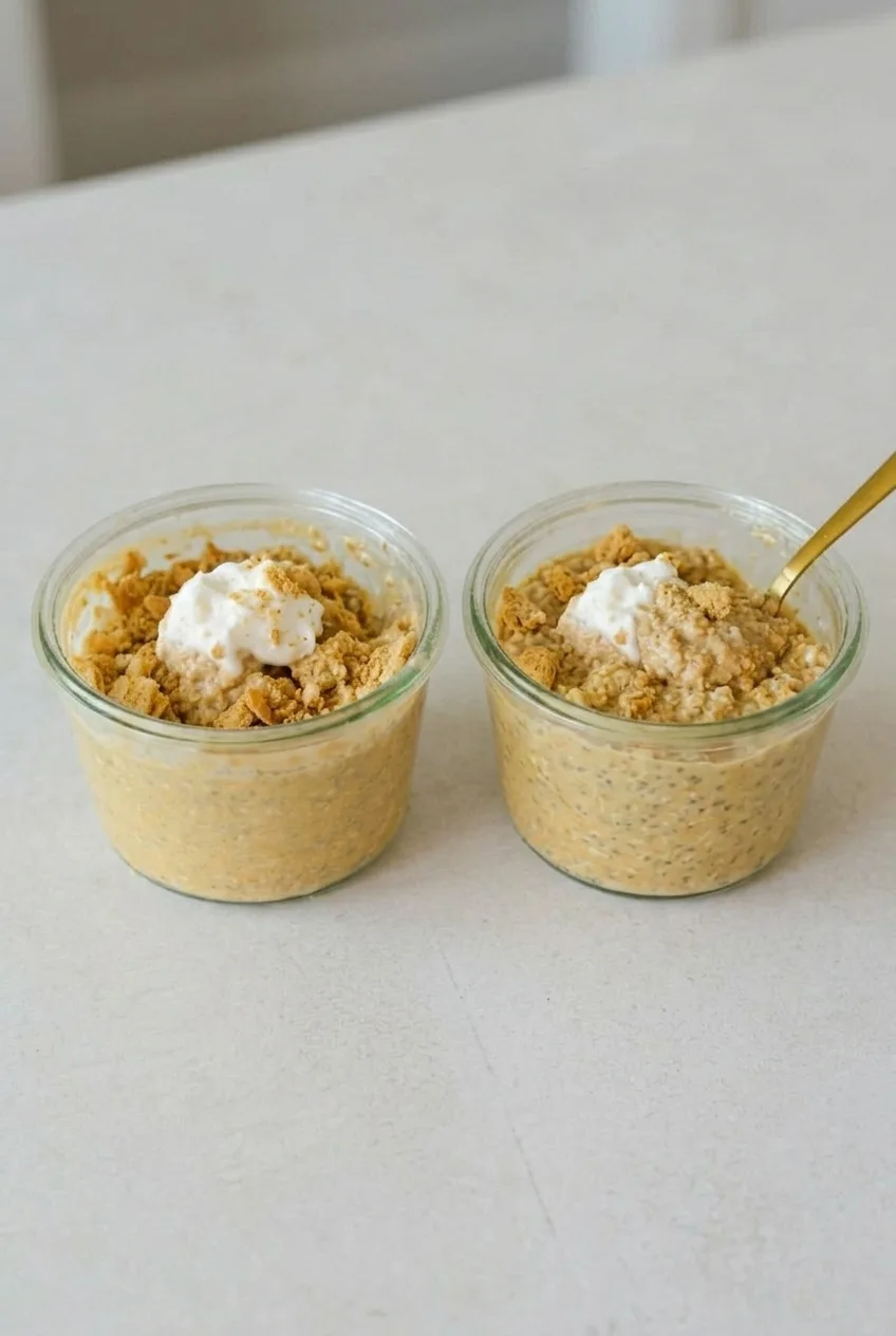Two glasses of pumpkin pie overnight oats topped with graham crumbs and whipped cream on a neutral surface