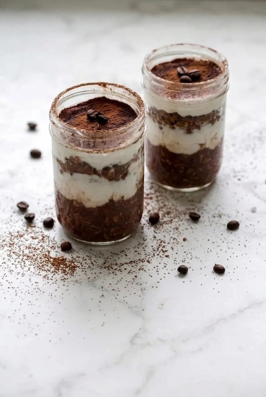 Two complete jars of layered tiramisu overnight oats on a pale countertop
