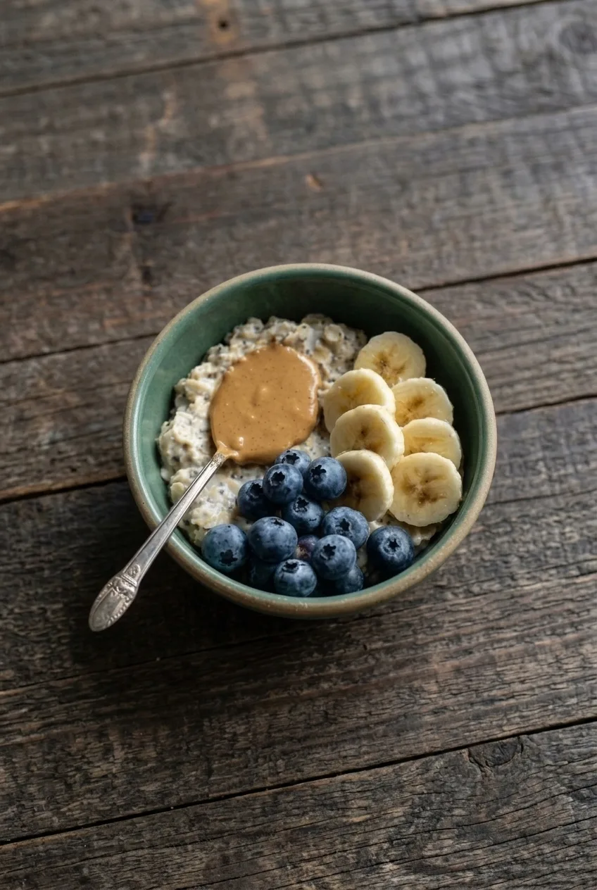 Complete bowl of Greek yogurt overnight oats on a dark wood table with three distinct toppings
