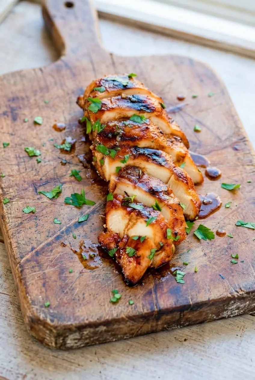 Wider view of overlapping tropical grilled chicken slices with cilantro on a rustic brown serving surface
