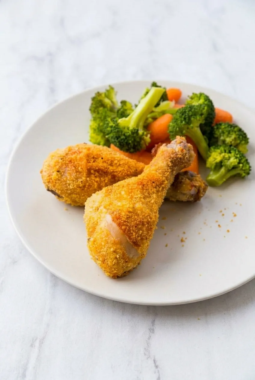 Full plate of crumb-coated chicken drumsticks with broccoli and carrots on a light table