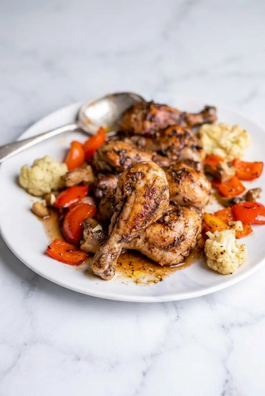 Full plate of glazed brown sugar garlic chicken drumsticks with cooked vegetables
