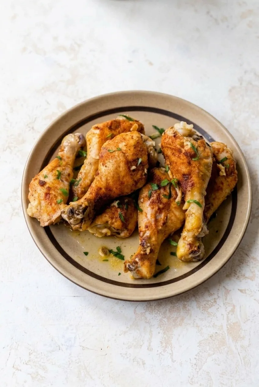 Full plate of slow cooker chicken legs with garlic-butter juices on a pale stone surface