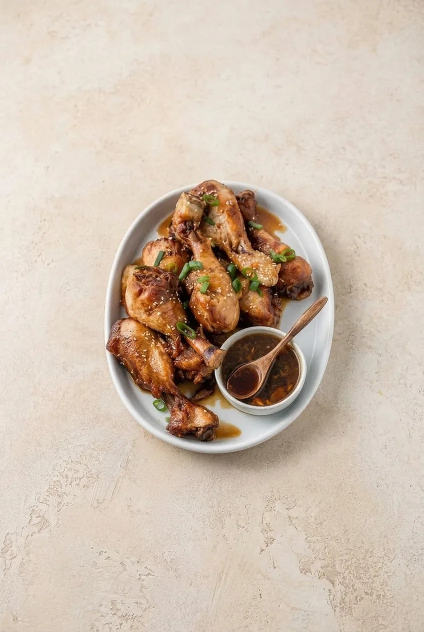 Full platter of glazed honey garlic chicken drumsticks and a small sauce dish on a neutral tabletop