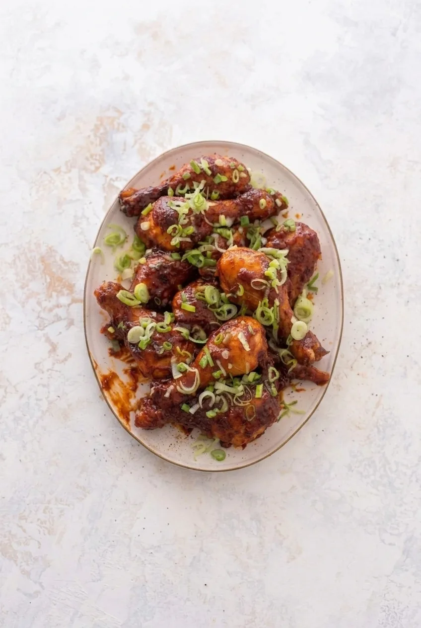 Full oval platter of BBQ baked chicken legs with green onions on a light countertop