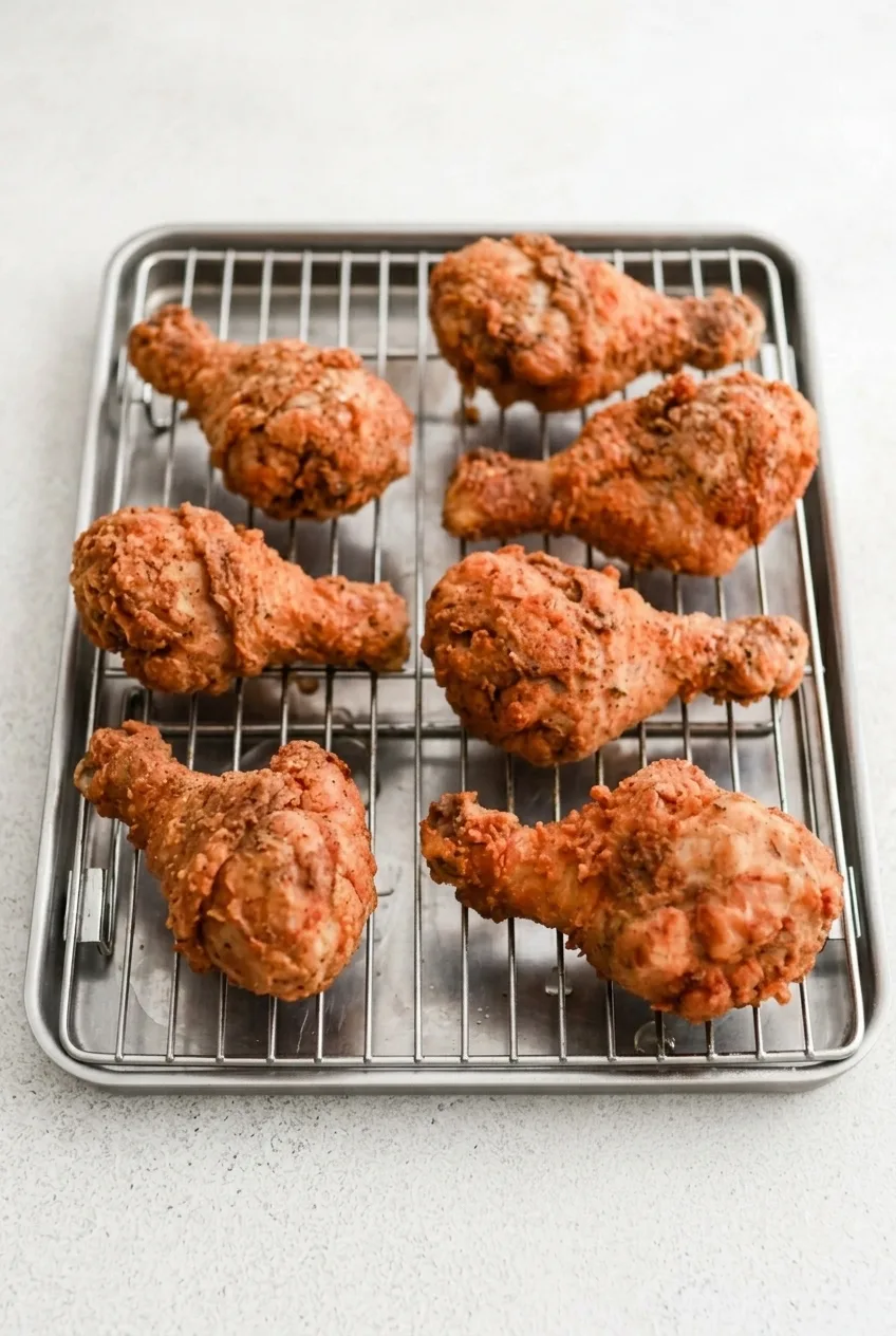 Six Southern fried chicken legs on a wire rack over a rimmed tray, viewed from farther back
