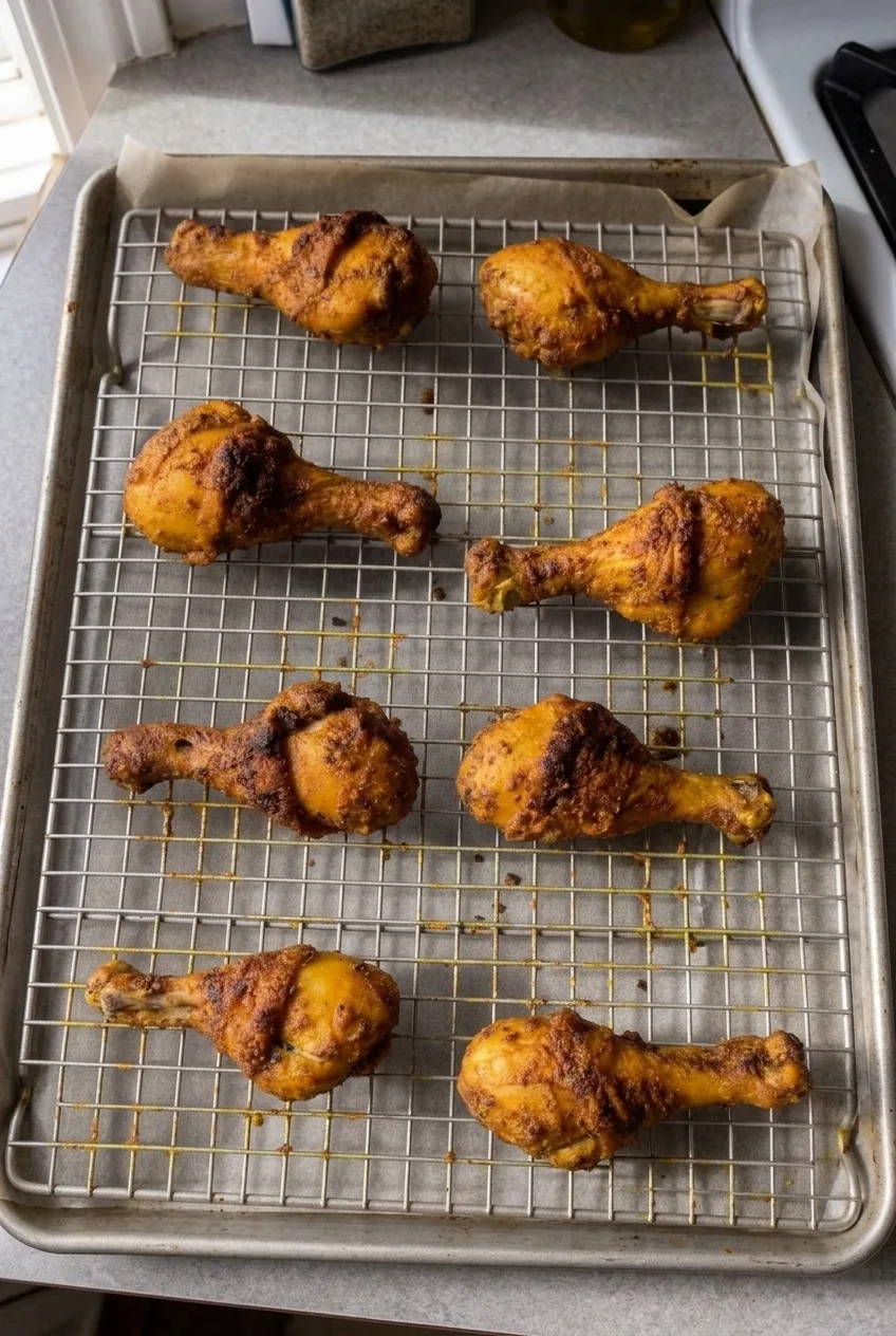 Full baking sheet of eight roasted lemon pepper chicken drumsticks on a wire rack