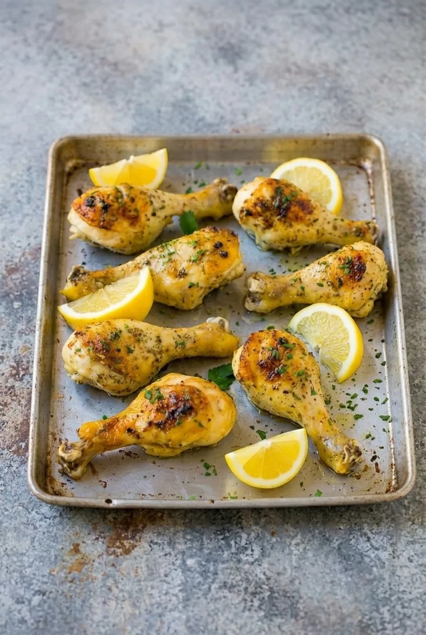 Full sheet pan of roasted garlic butter drumsticks with parsley and lemon wedges on a countertop
