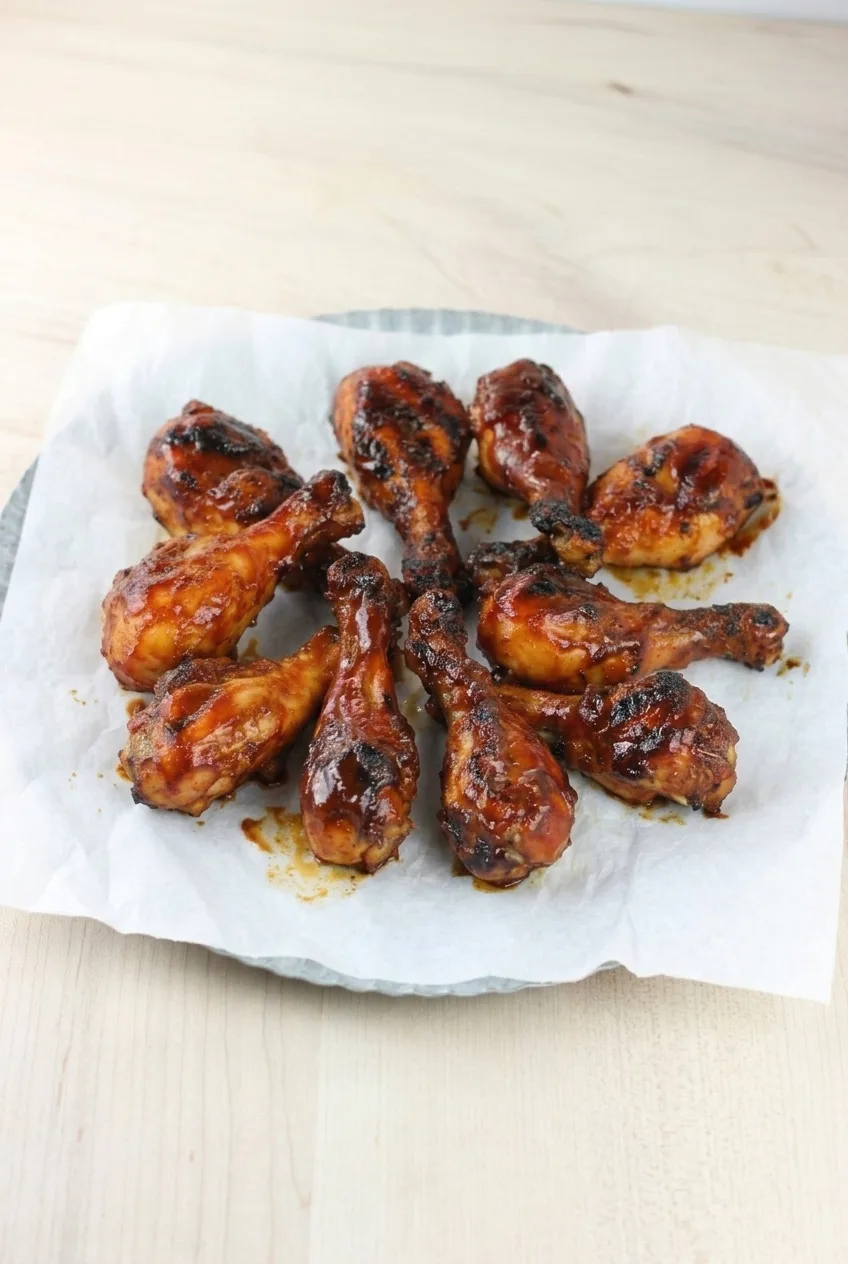 Full platter of BBQ-glazed grilled chicken drumsticks on a light tabletop