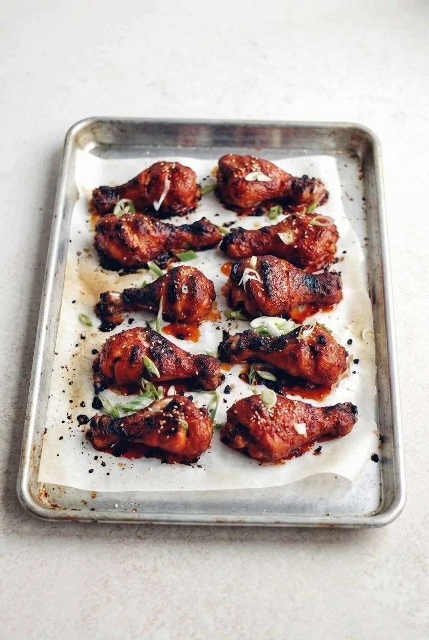 Full tray of glazed Korean BBQ chicken drumsticks on a neutral countertop