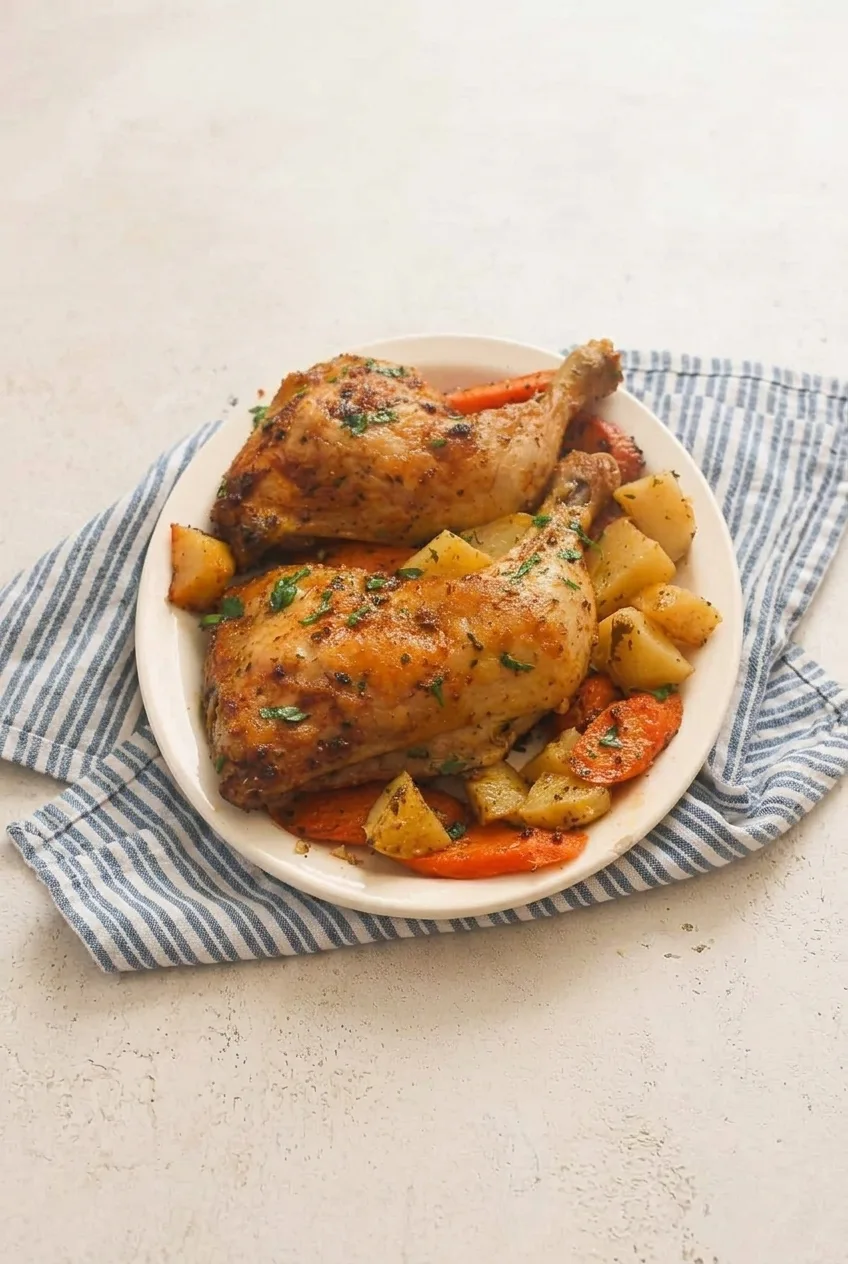 Wide view of two baked chicken leg quarters with potatoes and carrots on an oval platter