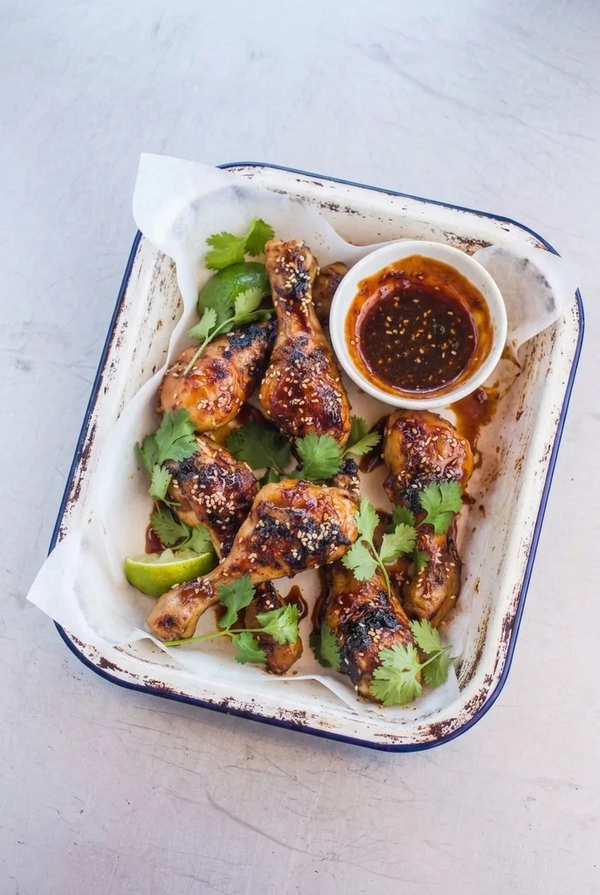 Full tray of glazed chicken drumsticks with cilantro, lime wedges, and a small sauce bowl