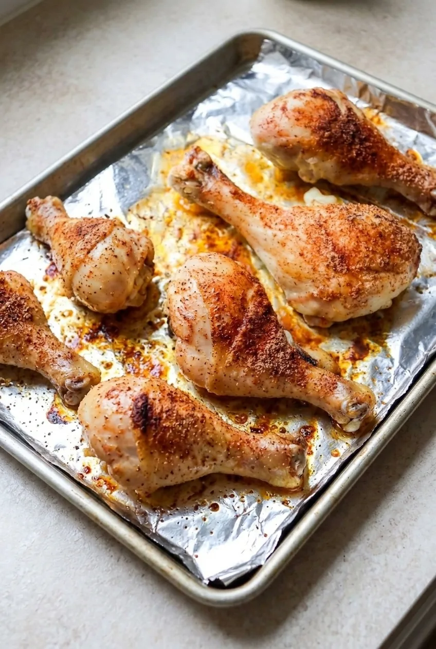 Full foil-lined baking sheet of spaced, oven-roasted Cajun chicken drumsticks
