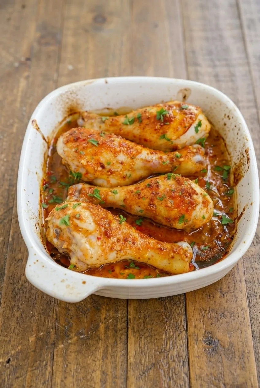 Full dish of honey mustard chicken drumsticks with parsley and amber pan sauce