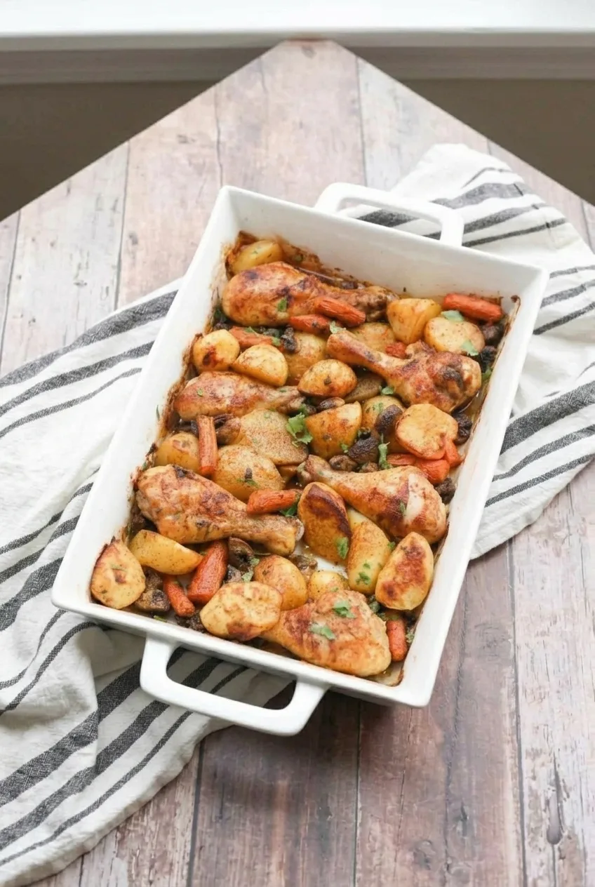 Full baking dish of roasted chicken drumsticks and vegetables on a pale surface