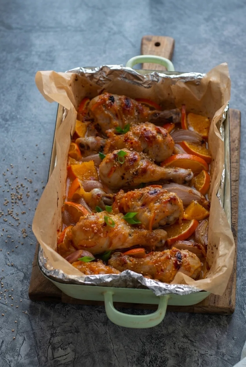 Full pan of orange ginger glazed drumsticks with roasted orange wedges and shallots