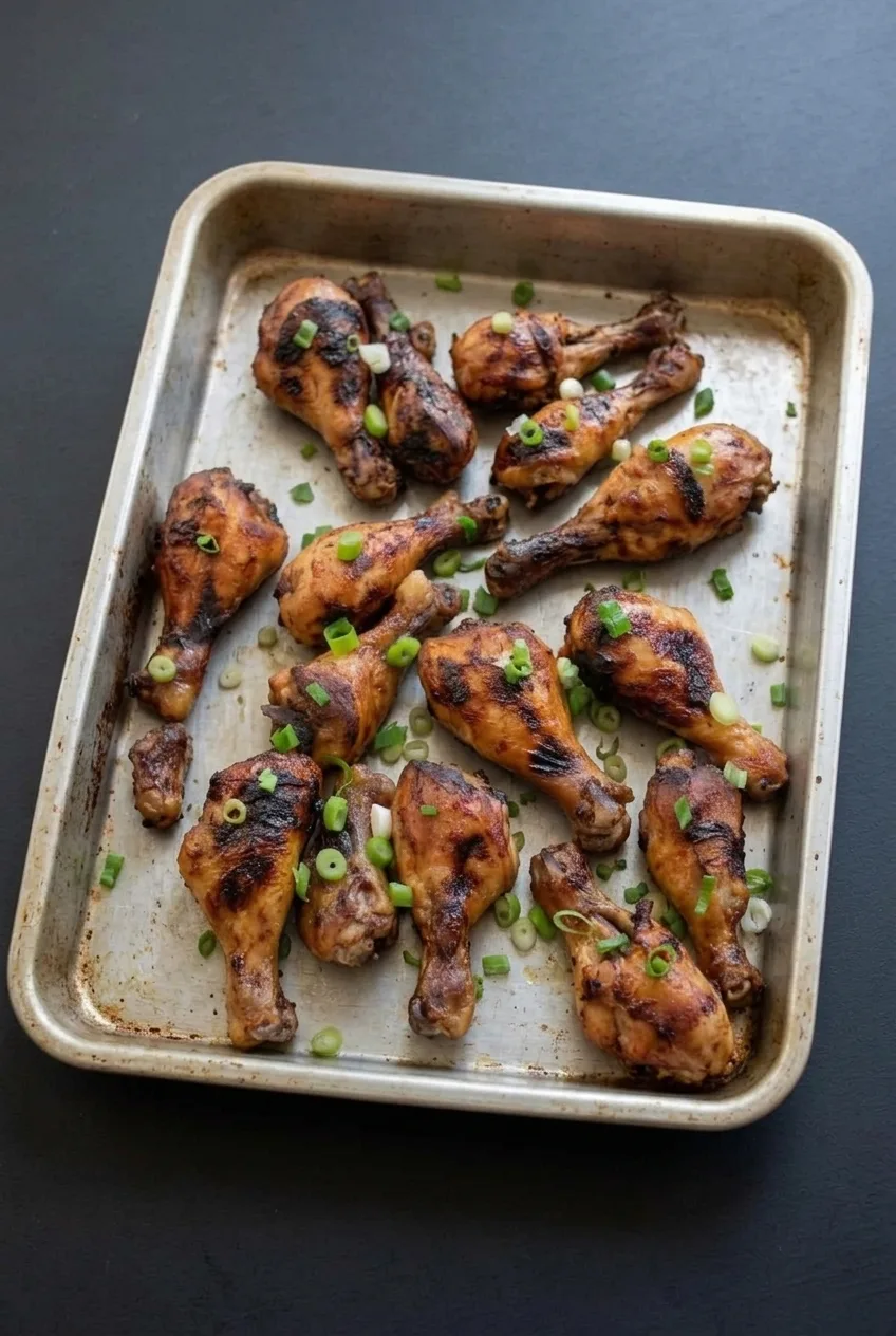 Six blackened chicken drumsticks with scallions in a shallow dish on a dark table