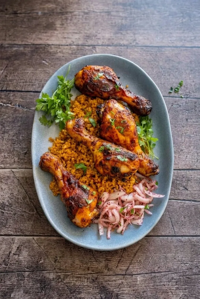 Full platter of Turkish spiced chicken legs, bulgur, sumac onions, and parsley on a wooden table