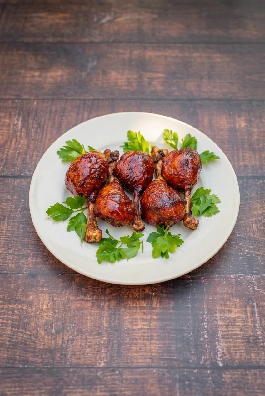 Full plate of glazed chicken lollipop drumsticks and parsley on a dark wood table