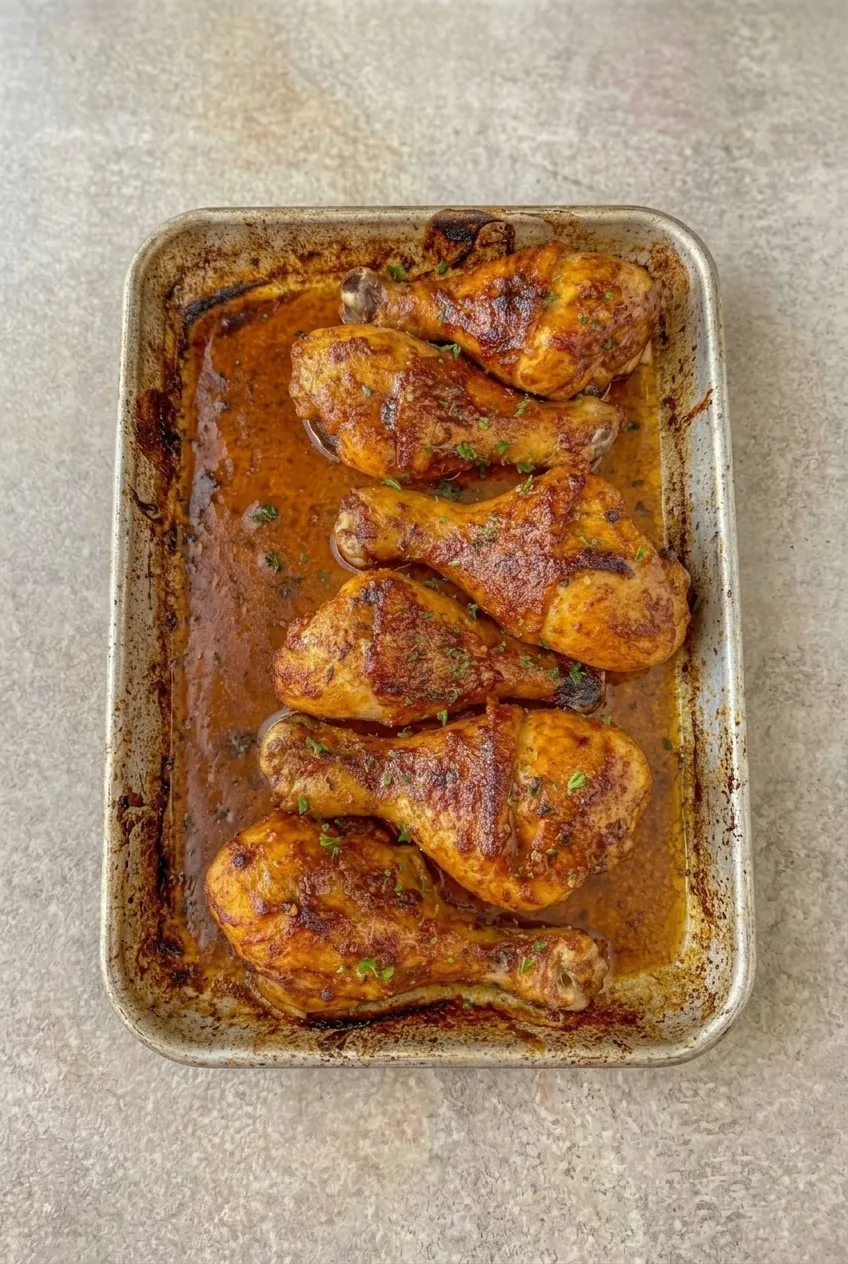 Full baking dish of six Italian dressing chicken legs on a plain countertop