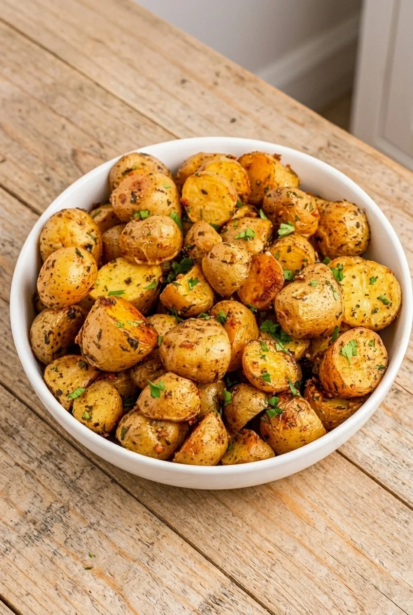 Full white bowl of parsley-finished roasted potatoes on a neutral tabletop