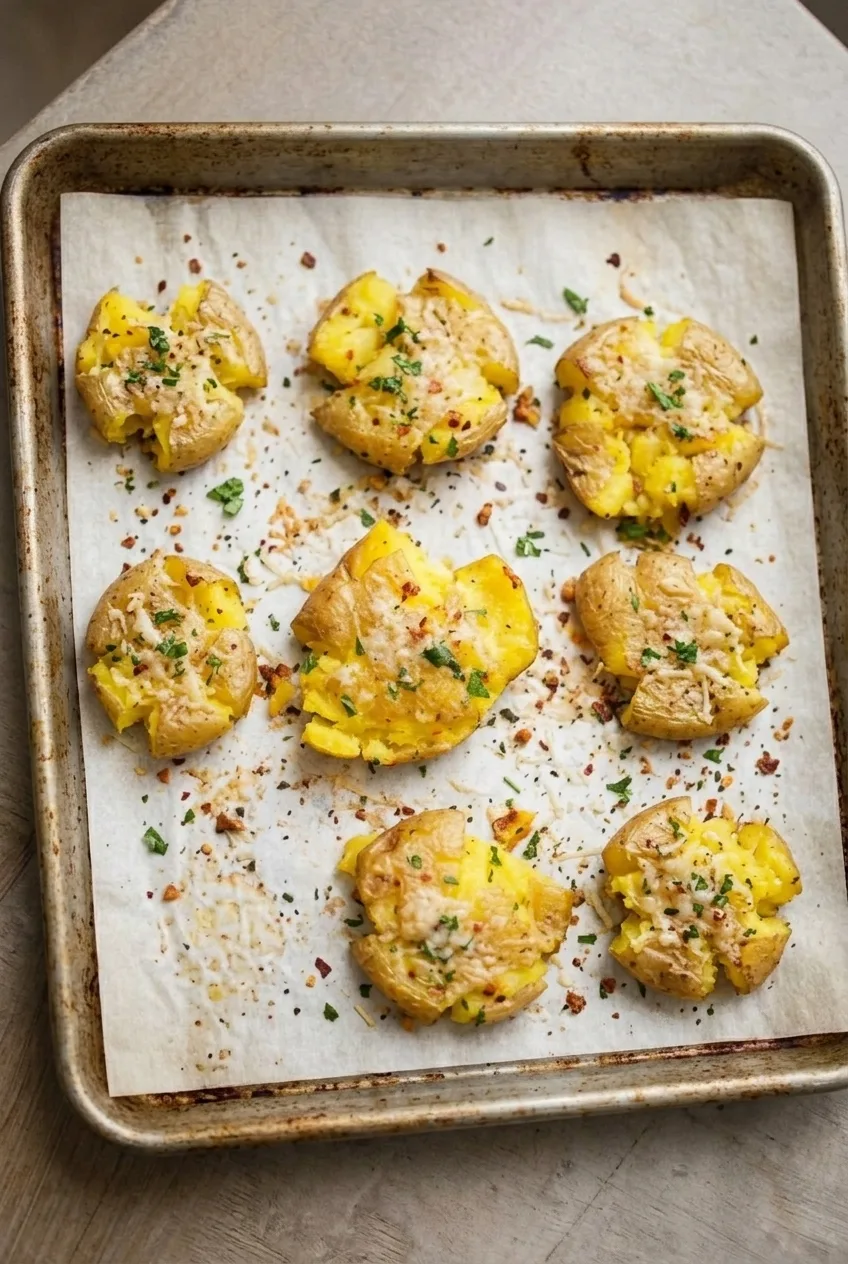 Wider view of garlic Parmesan smashed potatoes spaced across a parchment-lined sheet pan