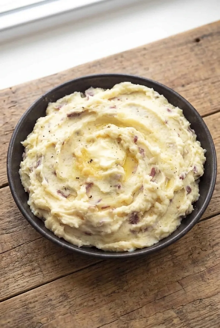Full serving bowl of red-skin garlic mashed potatoes on a neutral surface, finished with butter and pepper