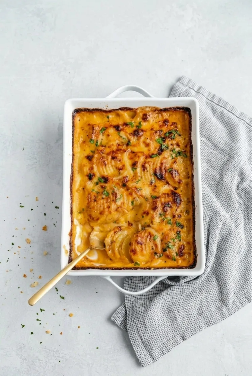 Full white casserole of cheesy au gratin potatoes on a pale countertop, topped with parsley