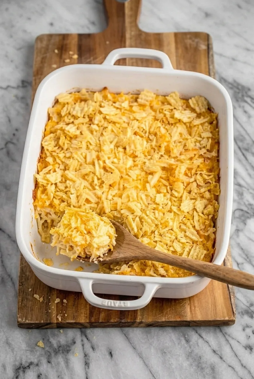 Full rectangular dish of cheesy hashbrown casserole with a corner scooped out and a wooden spoon above it