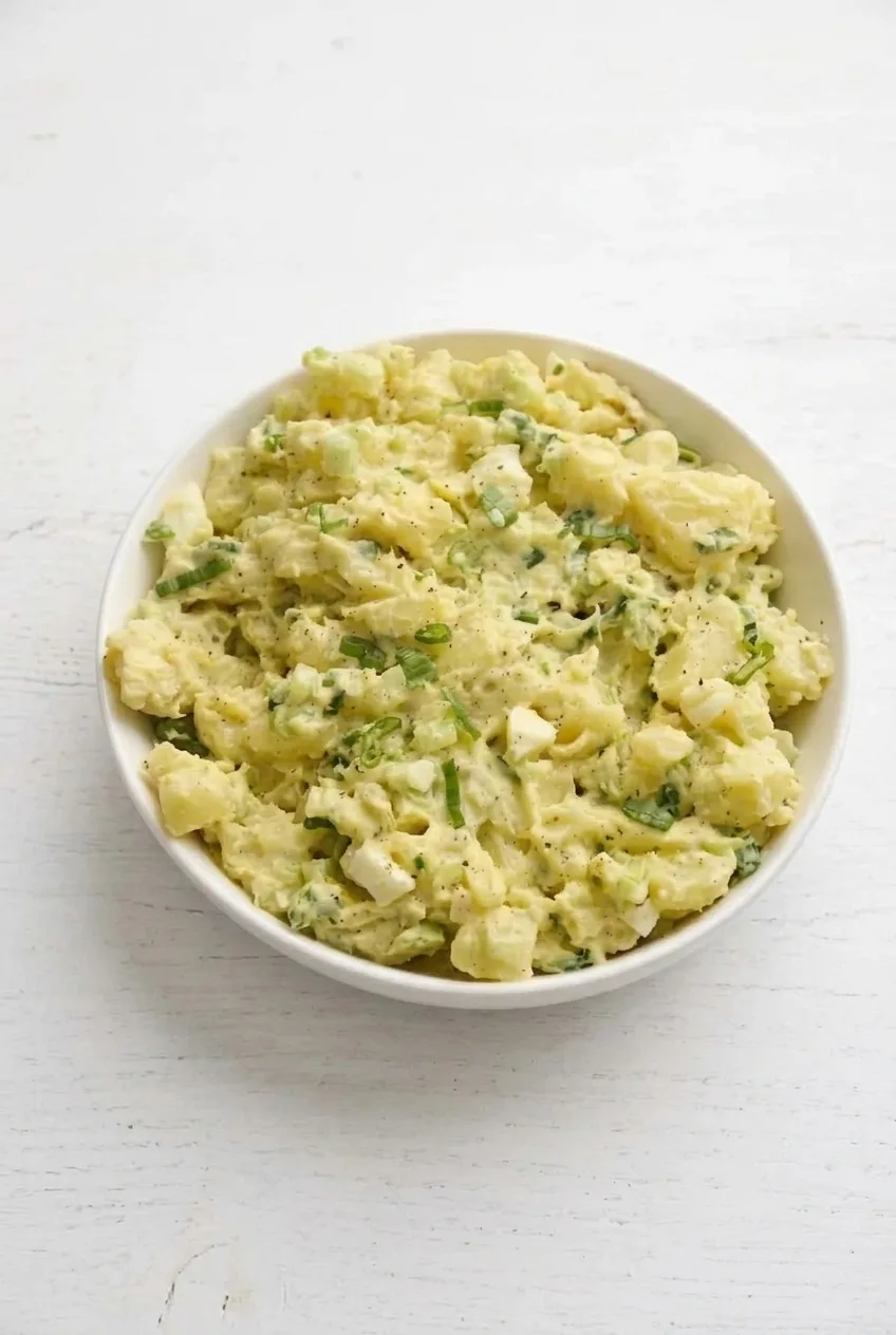 Complete white bowl of creamy potato salad on a pale tabletop, with green onion and pepper on top