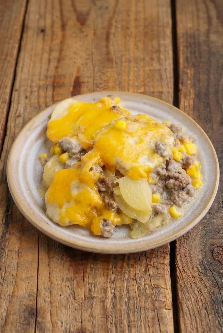 Full plate of hamburger potato casserole on a wooden table, with potato, beef and corn layers visible