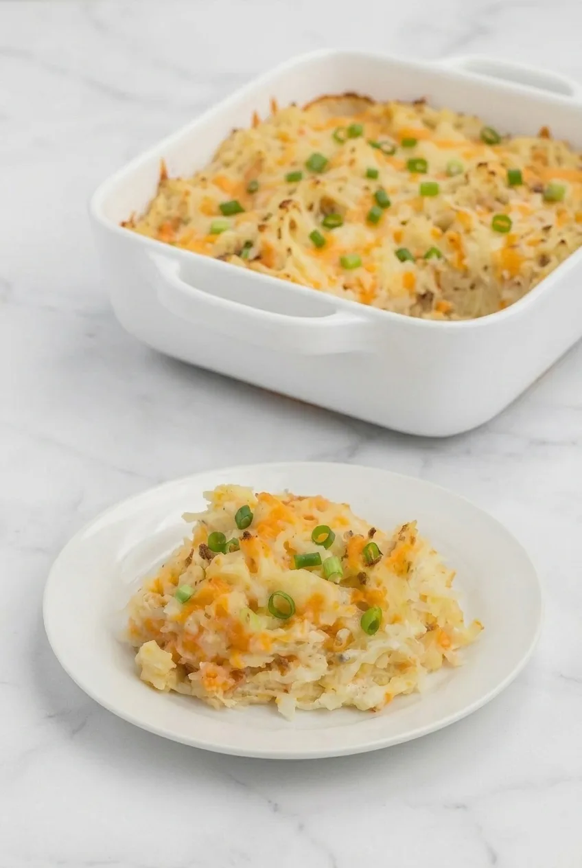 Plated Potatoes Romanoff with green onion beside the remaining casserole in a white baking dish