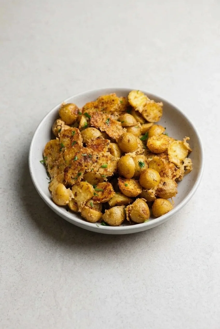 Complete bowl of Parmesan crusted potato halves on a pale surface, with skins and crisp cut sides visible