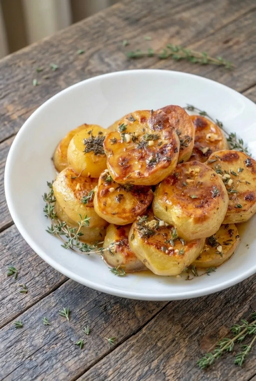 Full plate of melting potatoes with browned faces and thyme on a simple table