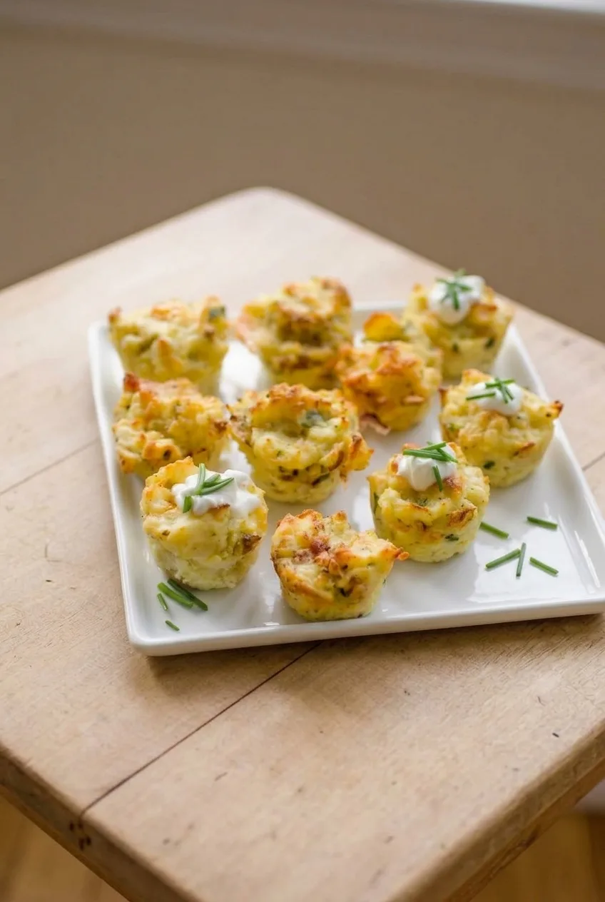 Wider view of a white platter of mini mashed potato puffs, some topped with sour cream and chives