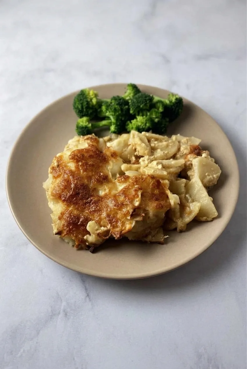 Full plate with a serving of French onion potato bake and broccoli alongside