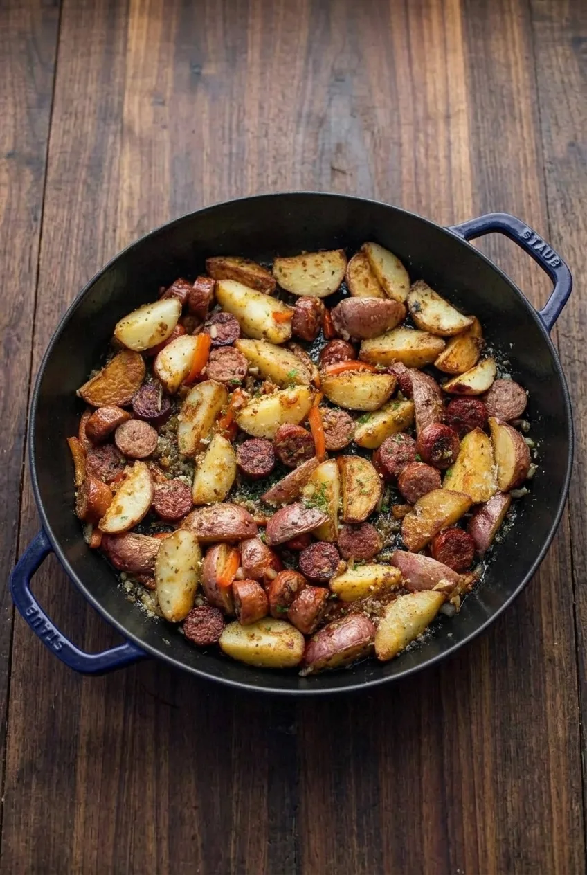 Wide view of the complete kielbasa and potato casserole in its shallow black pan on a wooden table