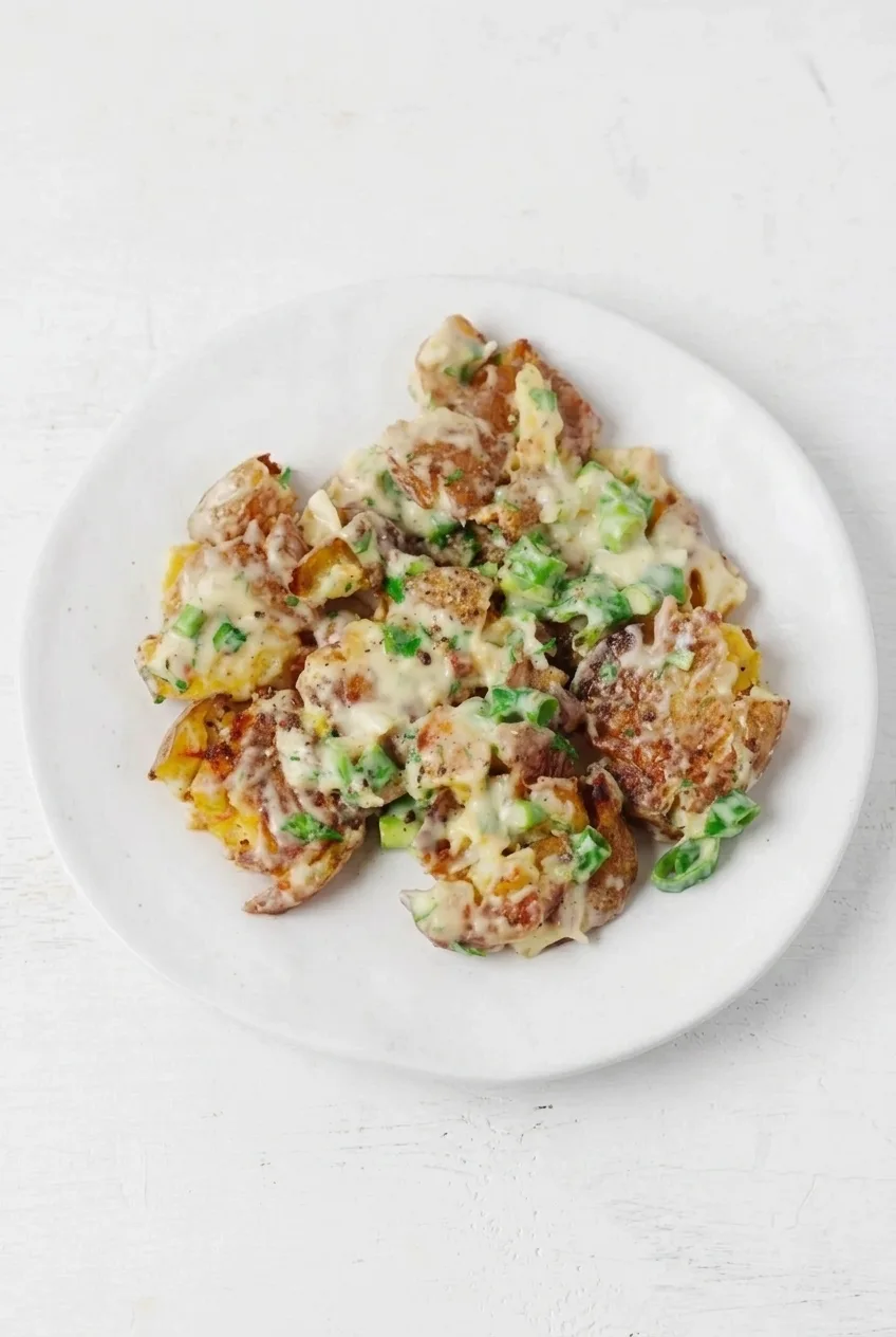 Full white plate of crispy smashed potato salad on a pale surface, with scallions and herbs visible