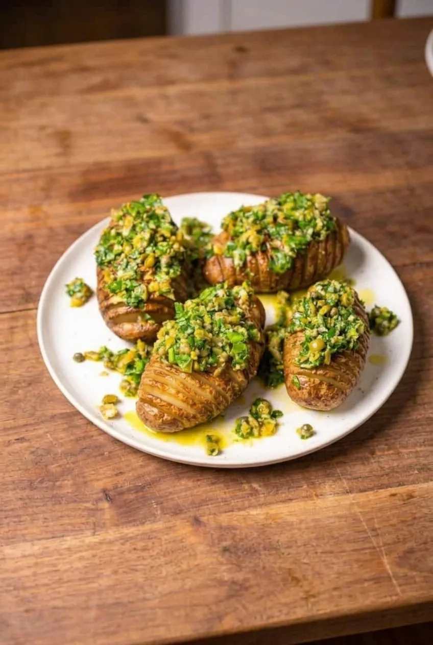 Full plate of four dressed Hasselback potatoes on a wooden table