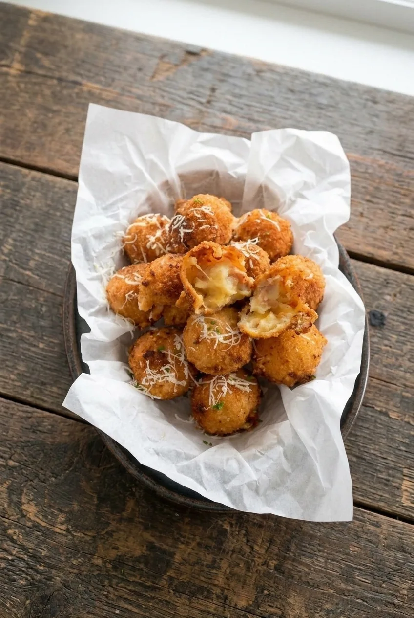 Full paper-lined serving dish of golden loaded mashed potato bites on a neutral tabletop.