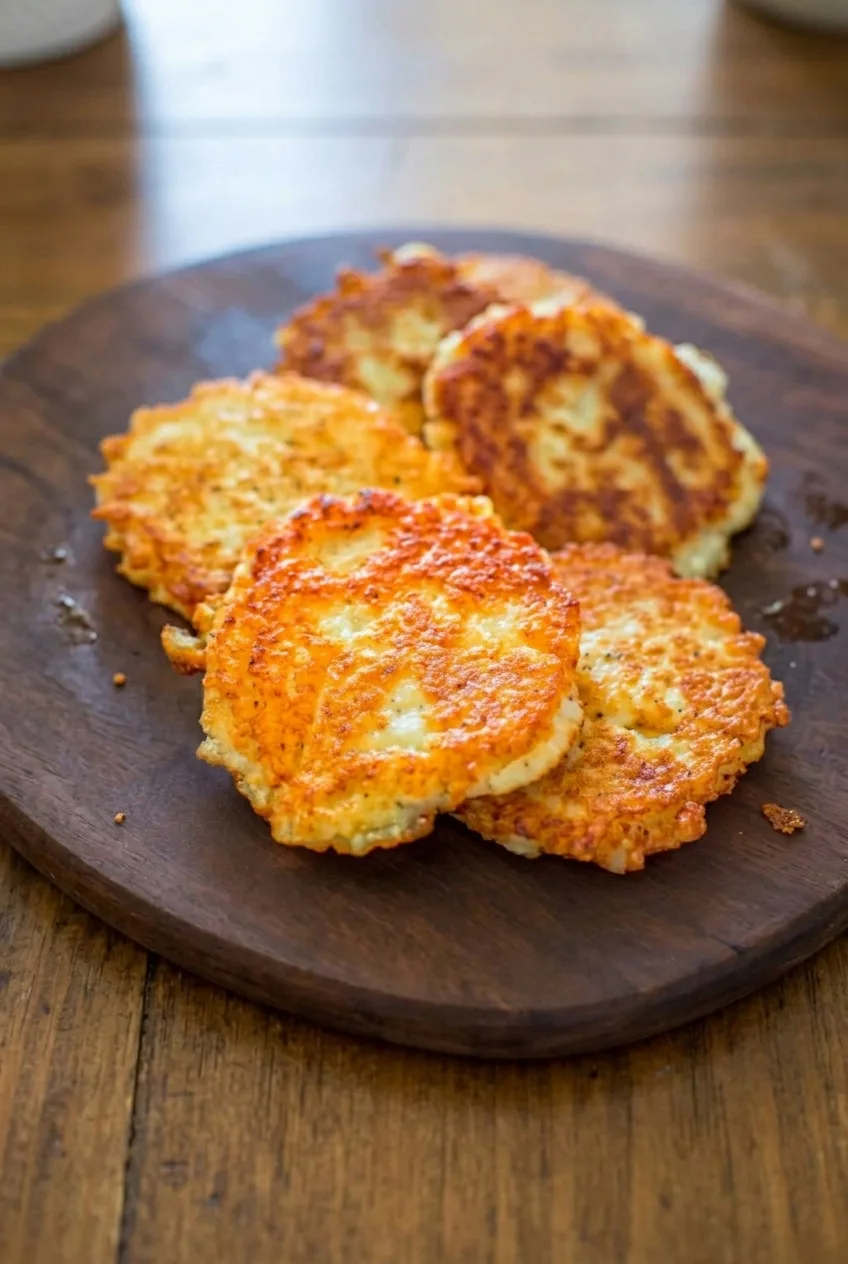 Full plate of irregular golden potato pancakes in a loose, overlapping serving arrangement