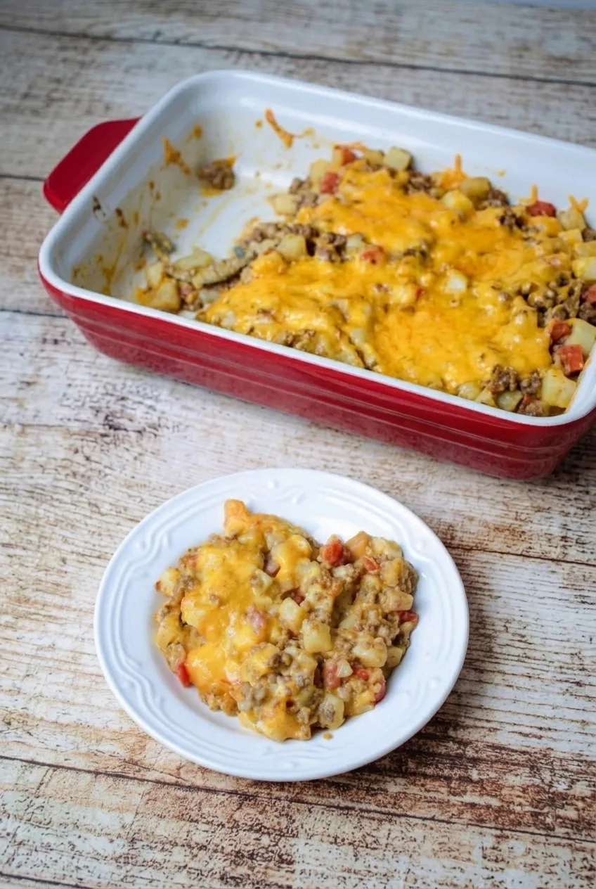 Wider view of the Cheesy Taco Potatoes casserole in its baking dish with a loose plated serving