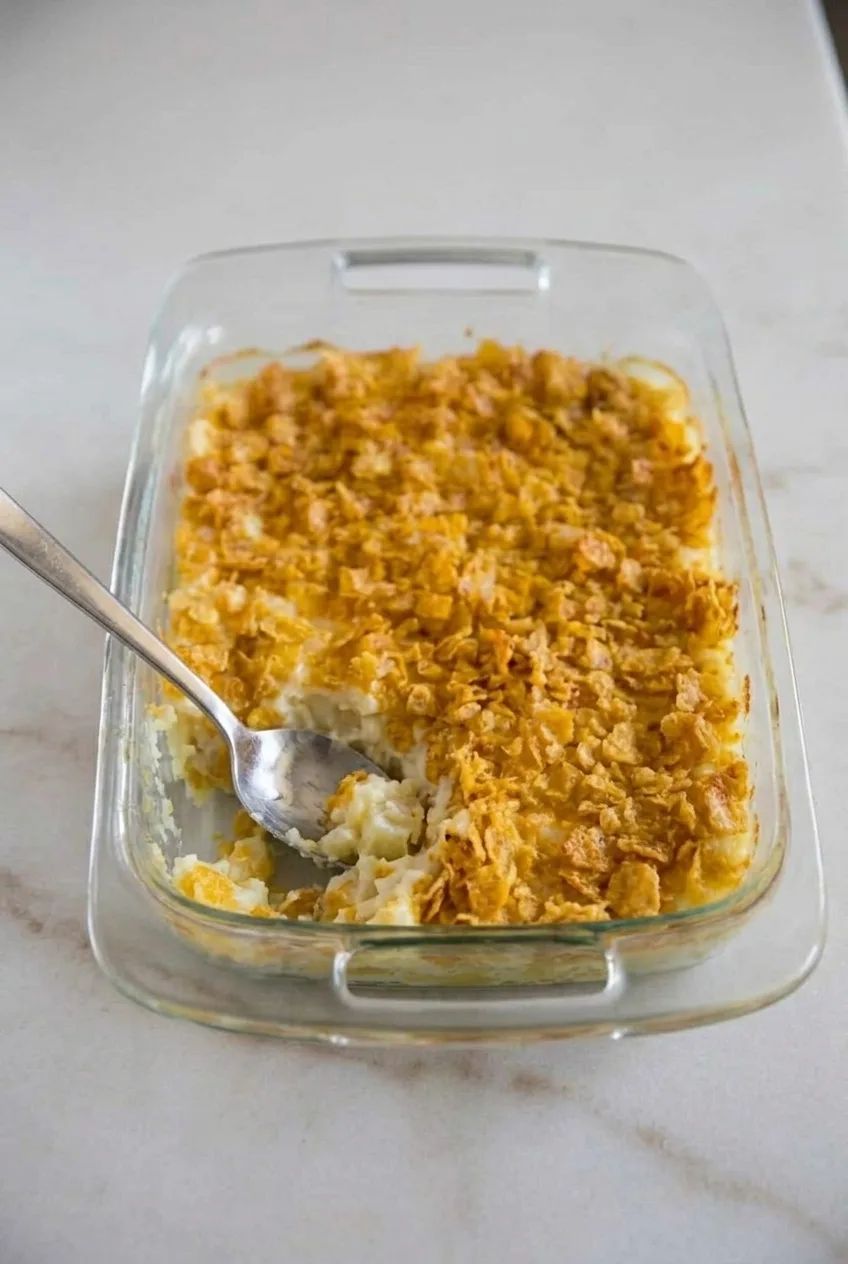 Full glass dish of cornflake-topped funeral potatoes with a spoon-served opening at the front