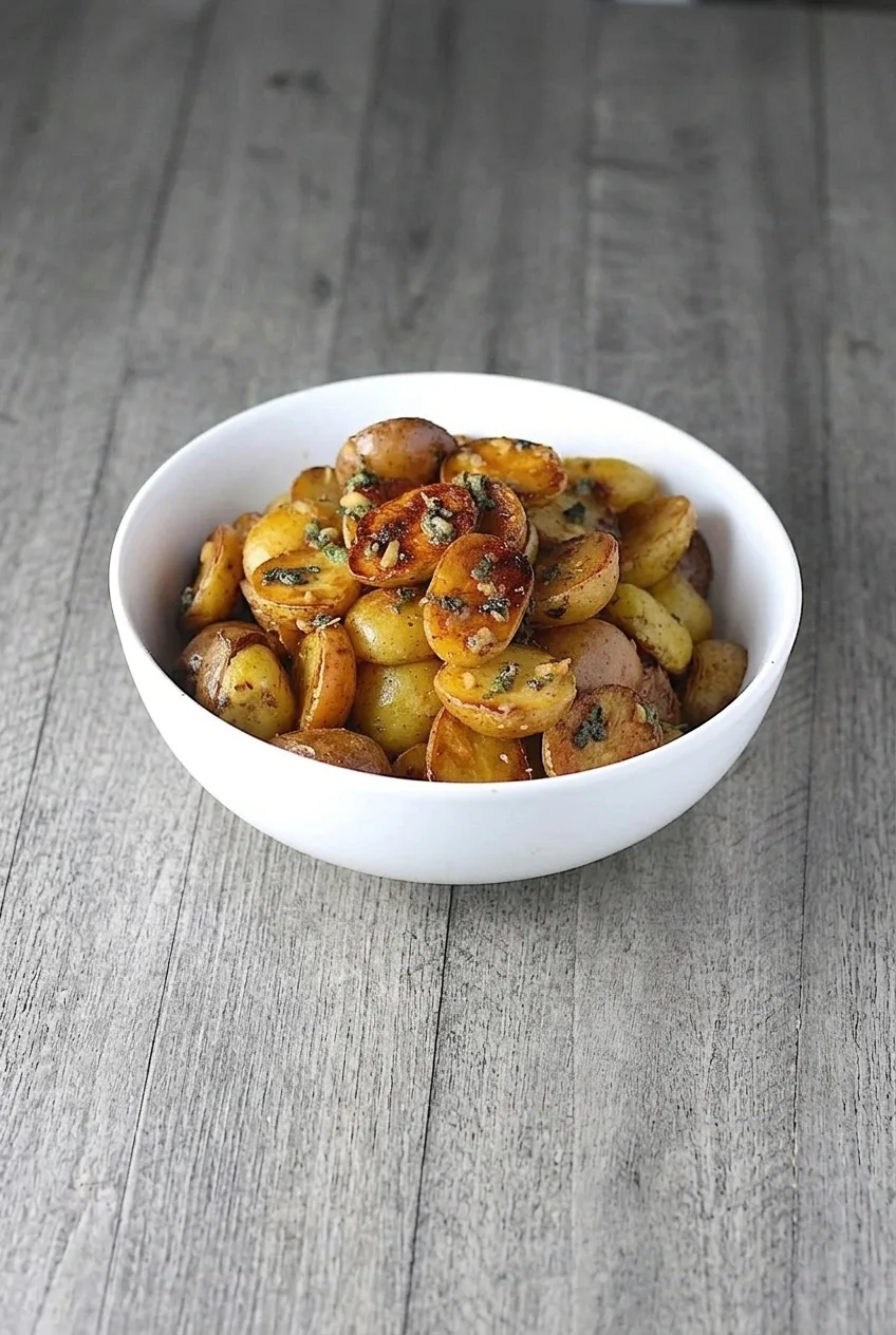 Full bowl of garlic butter roasted baby potatoes on a gray tabletop, viewed from farther back